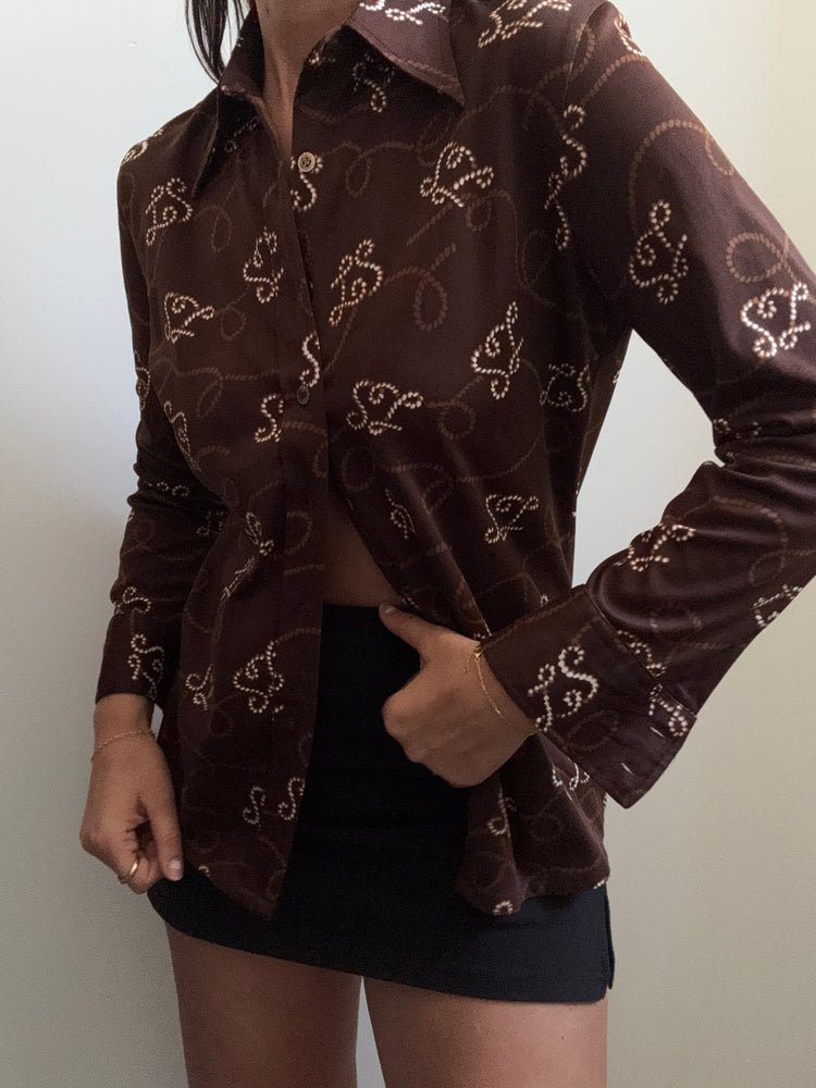 Vintage Brown "LS" Patterned Blouse Size Small