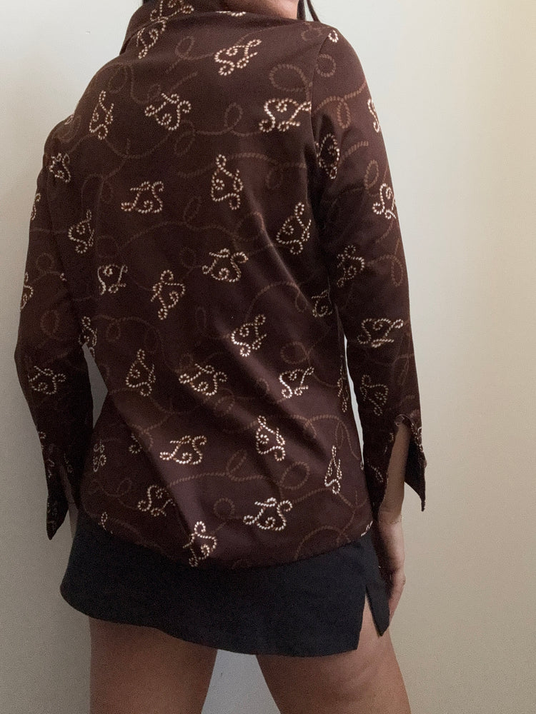 Vintage Brown "LS" Patterned Blouse Size Small