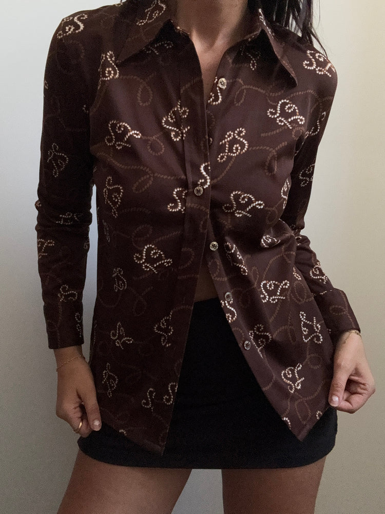 Vintage Brown "LS" Patterned Blouse Size Small