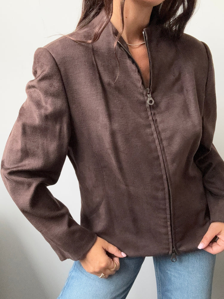 Vintage Brown Faux Suede Collarless Blazer Size Large