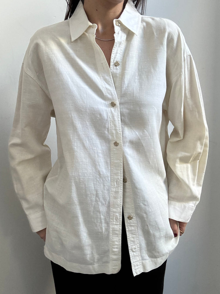 Vintage White Linen Button Up Blouse Size Medium