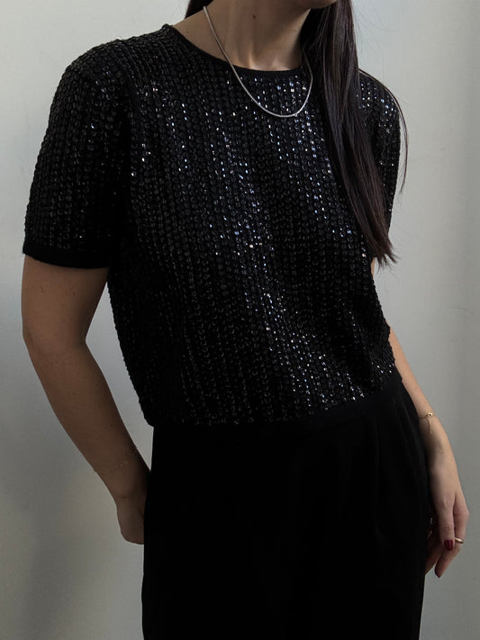 Vintage Black Sequin Short Sleeve Top Size Medium