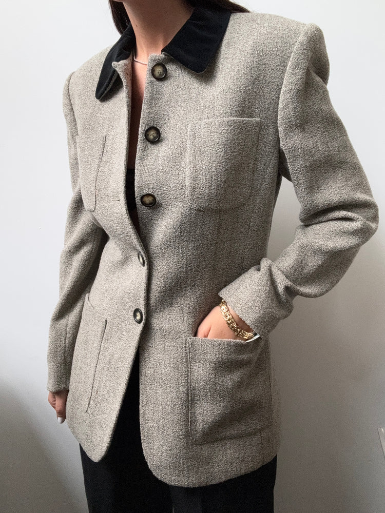 Vintage Light Gray With Black Collared Blazer Size Small