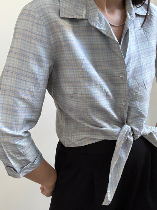 Vintage Blue Plaid Silk Tyed Blouse Size Medium