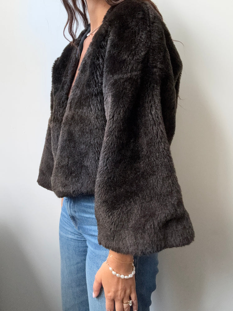 Vintage 3/4 Sleeve Brown Faux Fur Cropped Jacket Size M/L