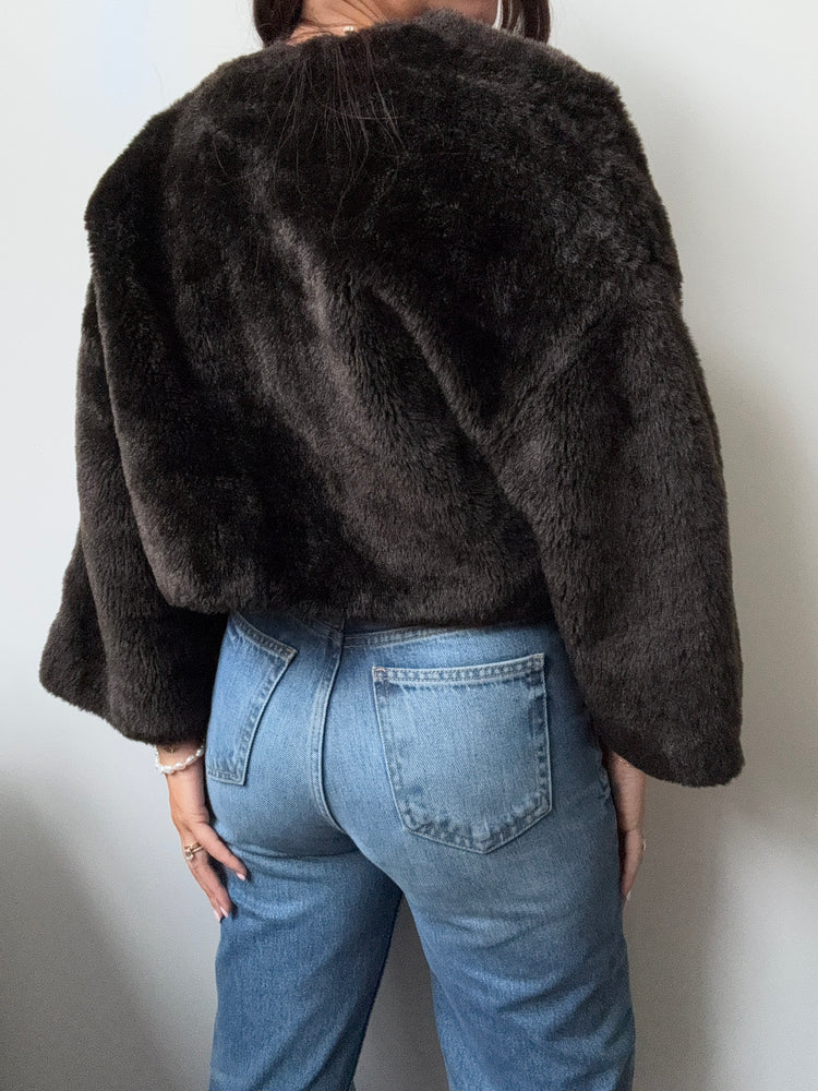 Vintage 3/4 Sleeve Brown Faux Fur Cropped Jacket Size M/L