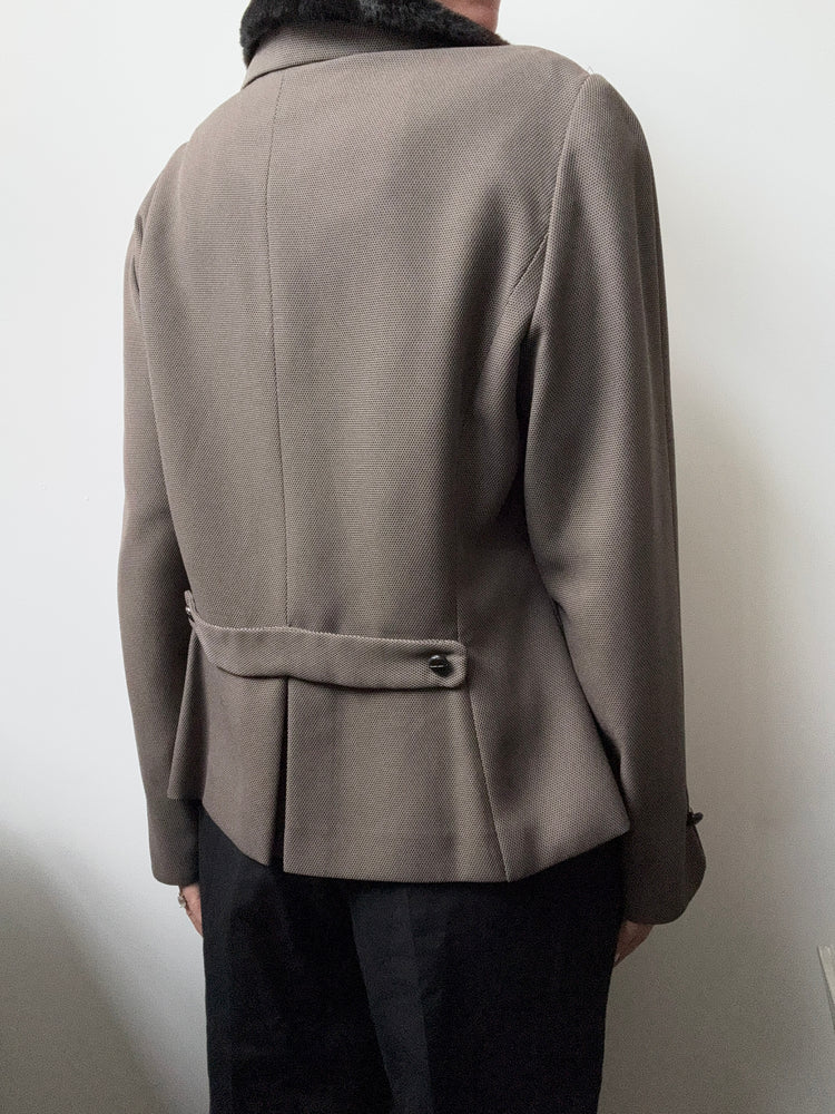Vintage Taupe Woven Blazer With Faux Fur Collar Size Medium