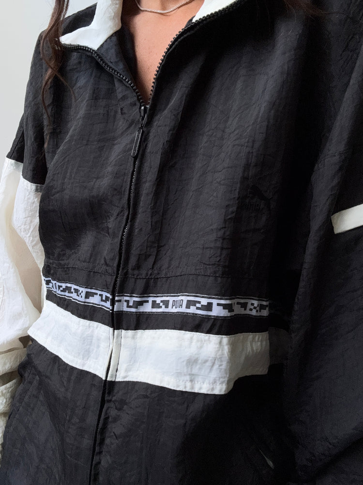 Vintage Puma Black + White Windbreaker Jacket Size Large
