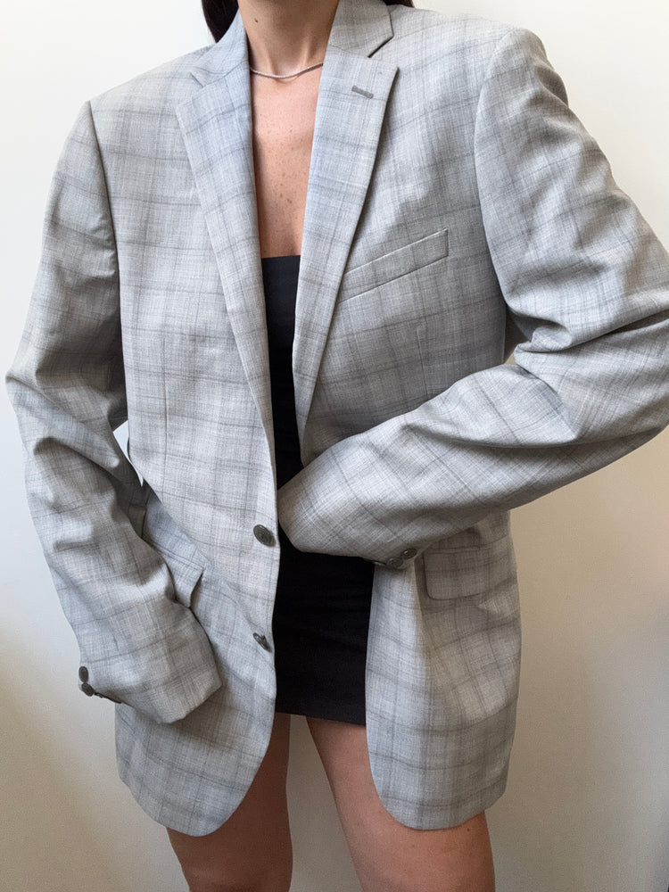 Vintage Wool Light Gray Plaid Blazer Size Large