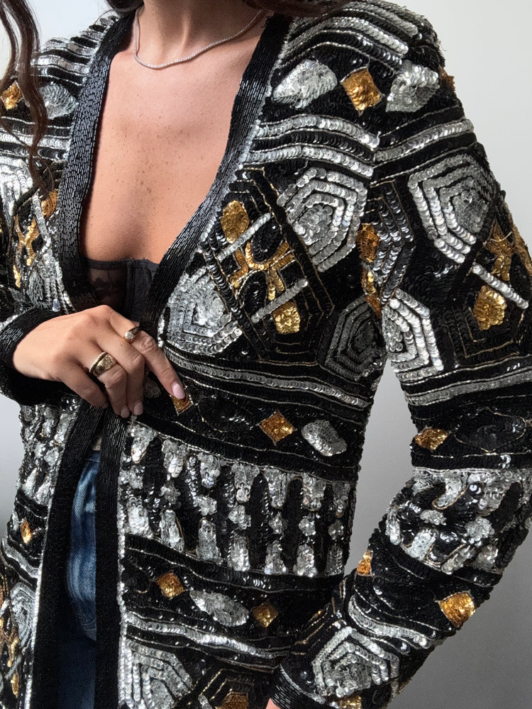 Vintage Silk Sequin + Bead Embellished Jacket Size Medium