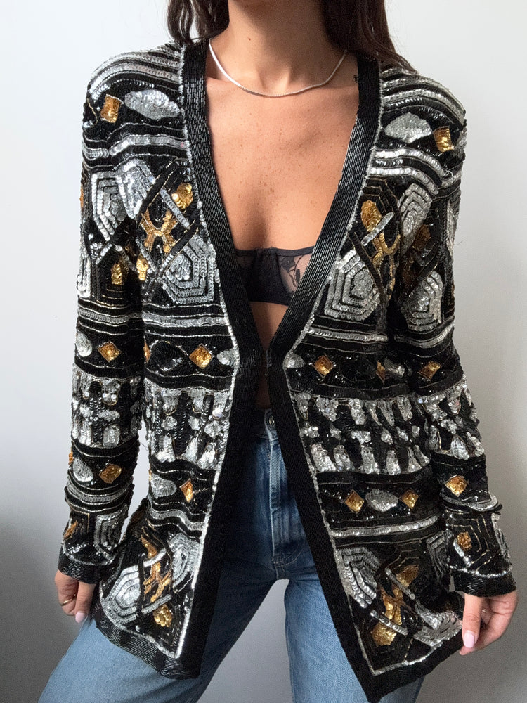 Vintage Silk Sequin + Bead Embellished Jacket Size Medium