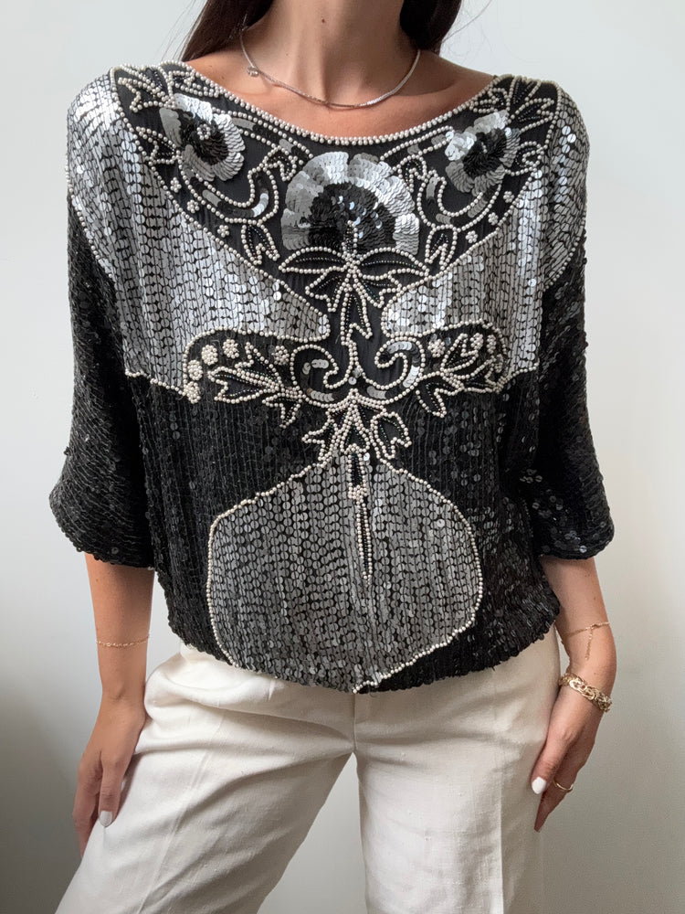 Vintage Black + Silver Sequined Blouse Size Medium