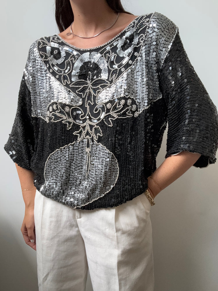Vintage Black + Silver Sequined Blouse Size Medium