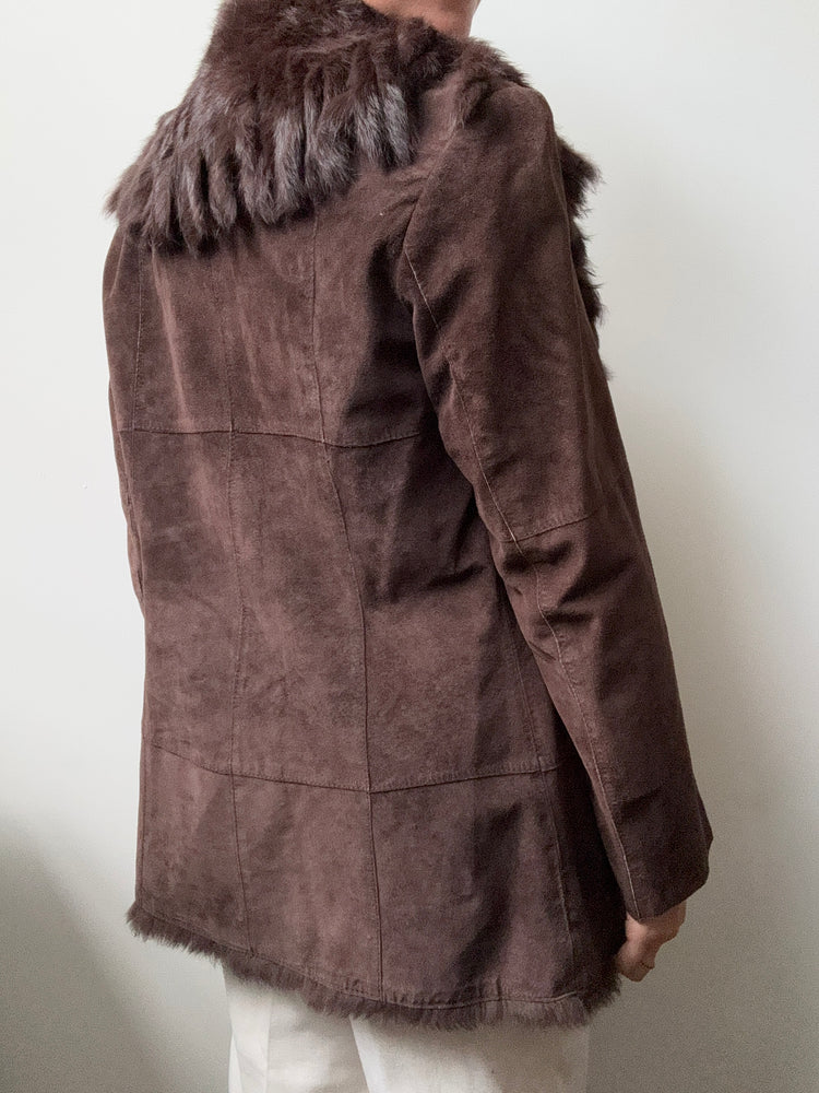 Vintage Suede + Fox Fur Trimmed Brown Jacket Size Small