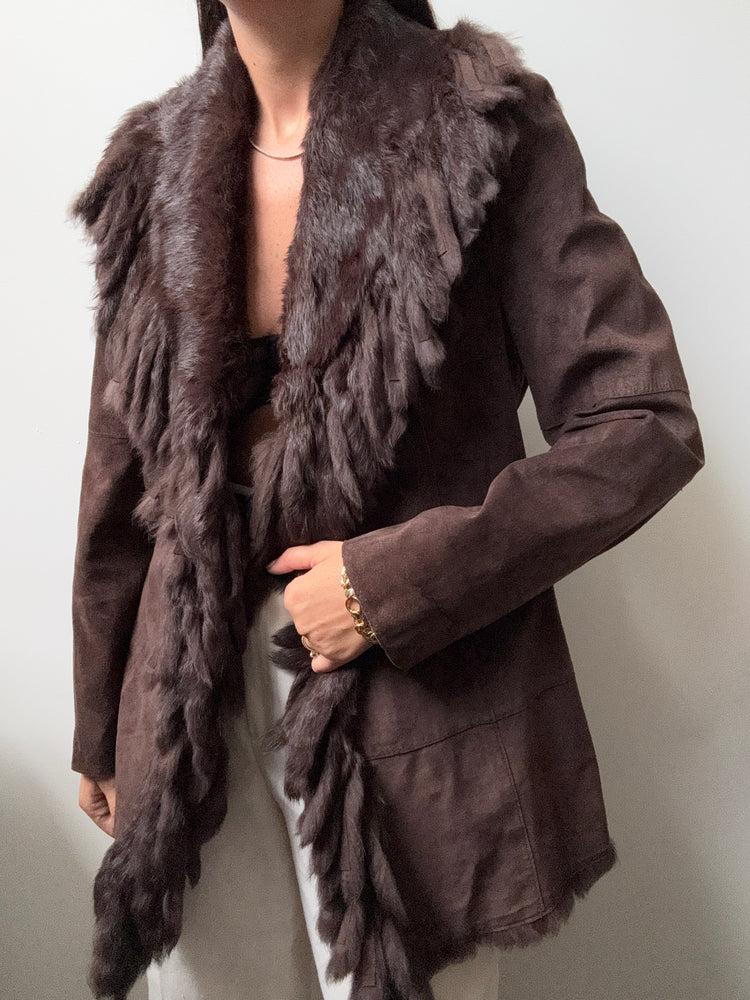 Vintage Suede + Fox Fur Trimmed Brown Jacket Size Small