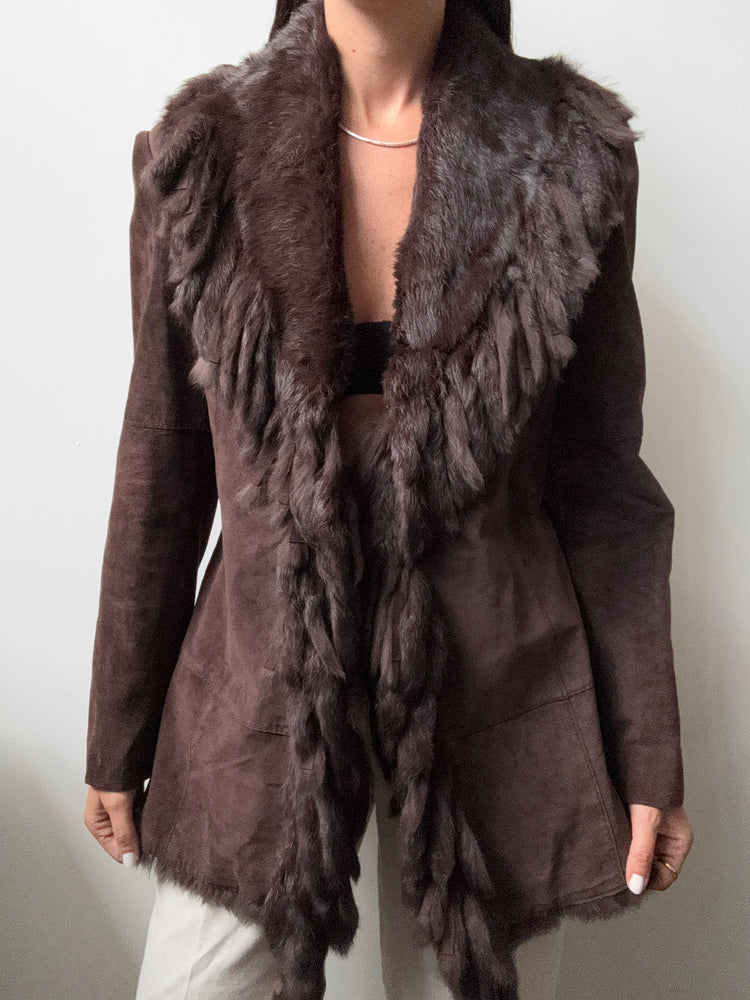 Vintage Suede + Fox Fur Trimmed Brown Jacket Size Small