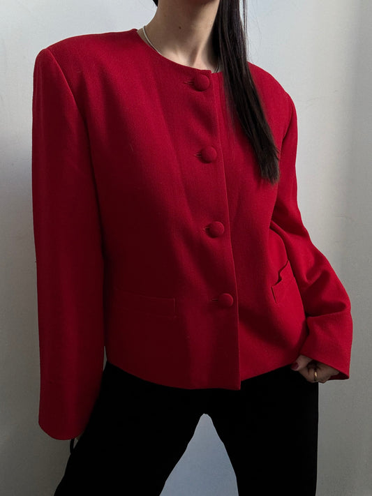 Vintage Red Pure Wool Collarless Buttoned Blazer Size Large