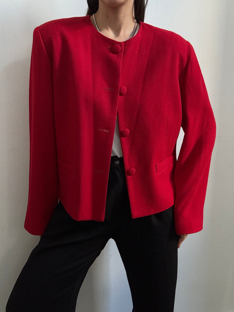 Vintage Red Pure Wool Collarless Buttoned Blazer Size Large