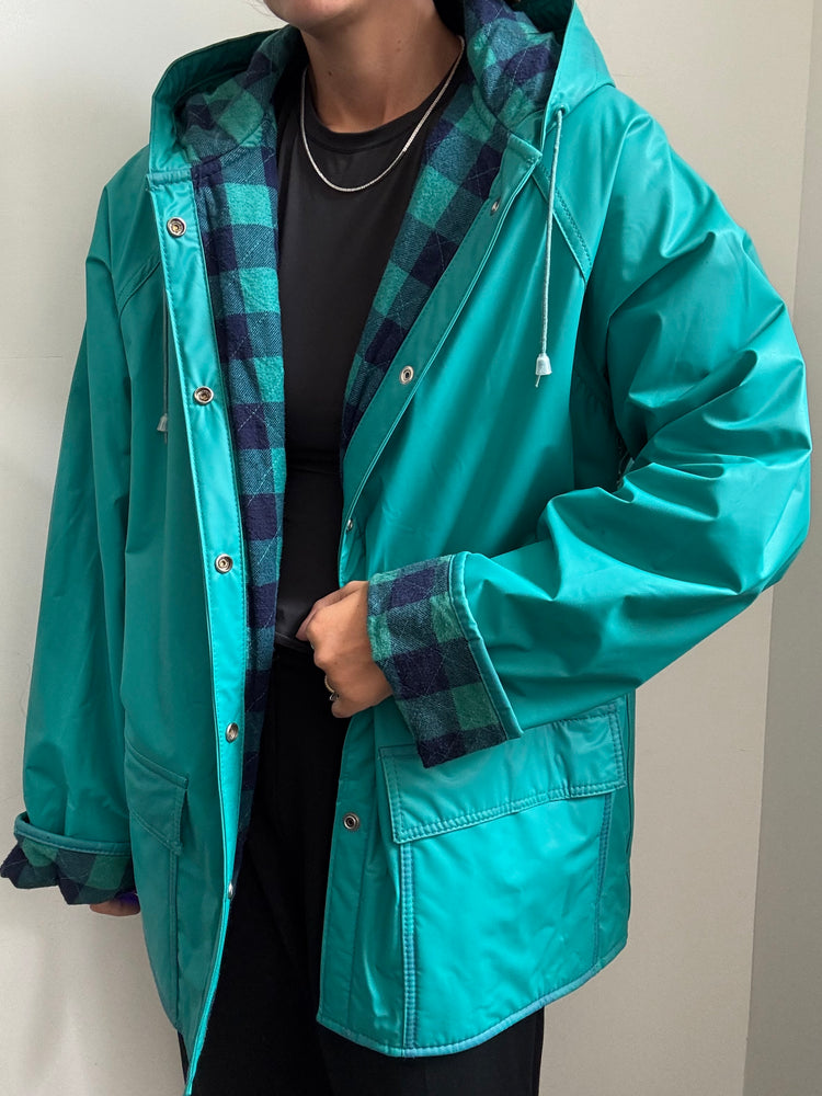 Vintage Woolrich Teal Hooded Rain Coat Size Large