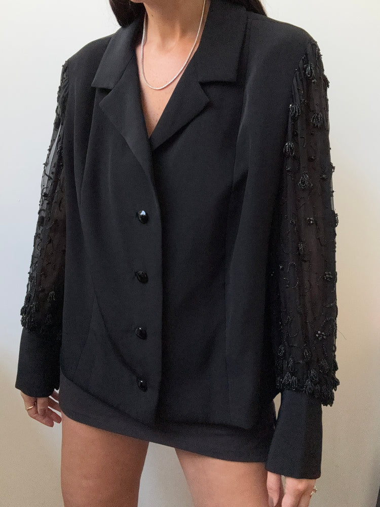 Vintage Black Sheer Beaded Sleeve Blazer Size Medium
