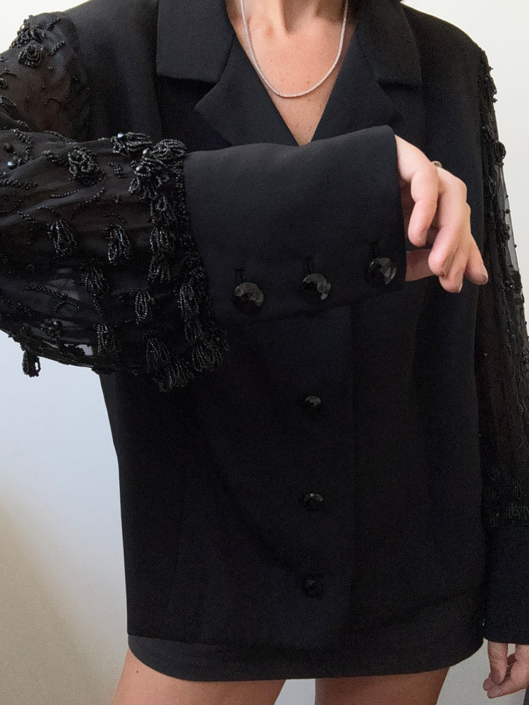 Vintage Black Sheer Beaded Sleeve Blazer Size Medium