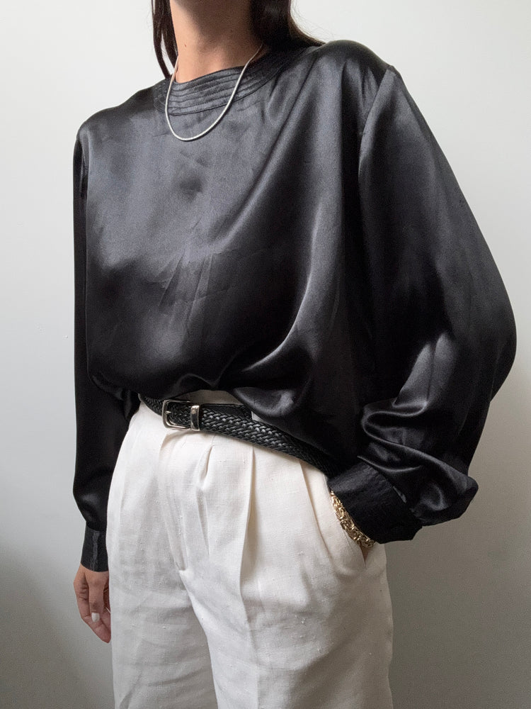 Vintage Black Silk Blouse Size Large