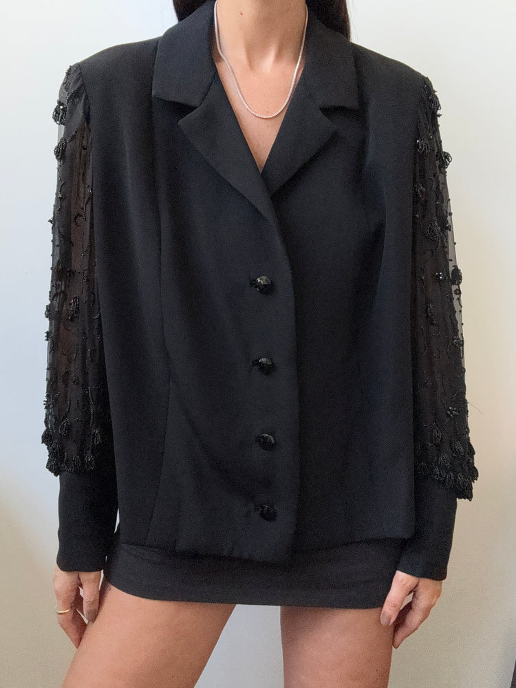 Vintage Black Sheer Beaded Sleeve Blazer Size Medium