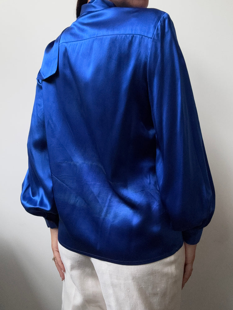 Vintage Royal Blue Silk Button-Up Blouse Size Medium