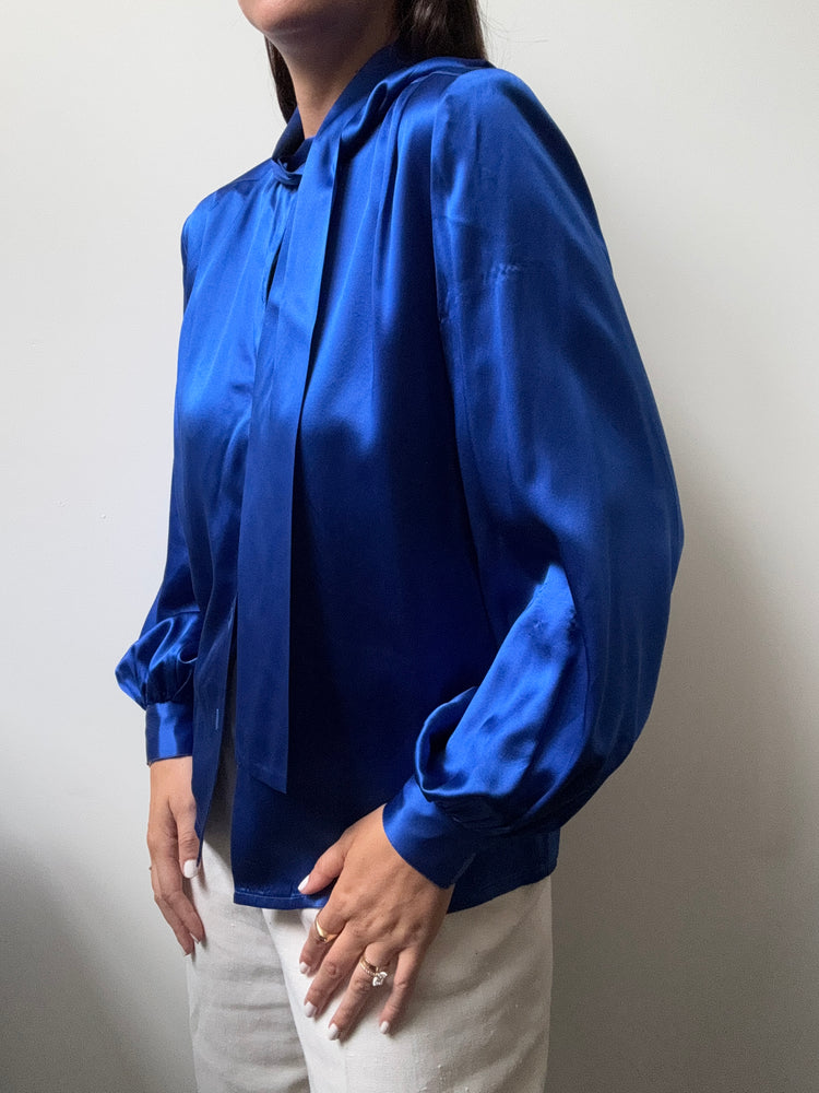 Vintage Royal Blue Silk Button-Up Blouse Size Medium