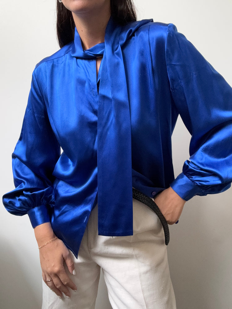 Vintage Royal Blue Silk Button-Up Blouse Size Medium