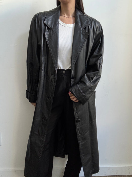 Vintage Black Long Leather Trench Size Large