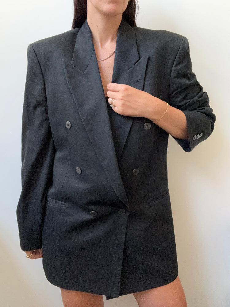 Vintage Solid Black Double-Breasted Blazer Size Large