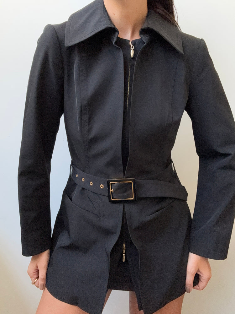 Vintage Cupro Black Belted Zip-Up Jacket Size Small