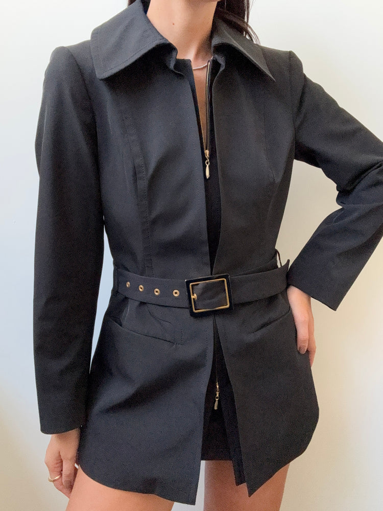Vintage Cupro Black Belted Zip-Up Jacket Size Small