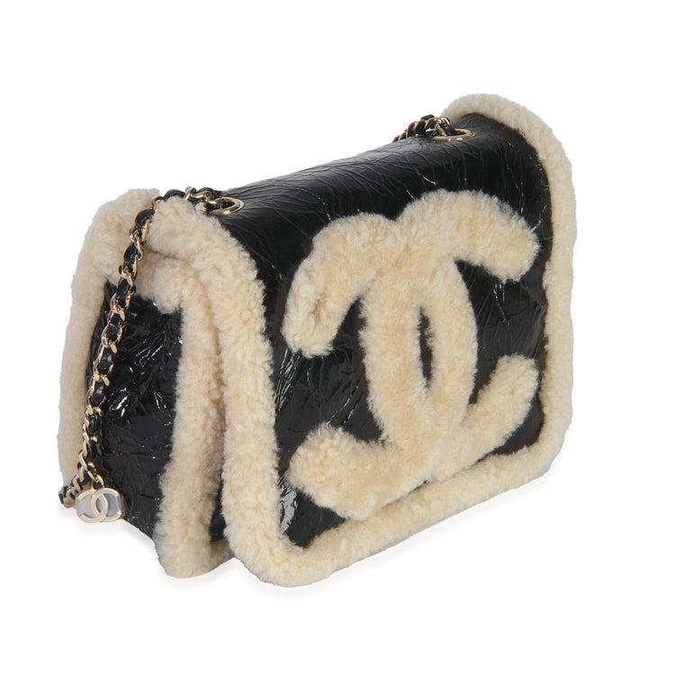 Black Shiny Crumpled Sheepskin Shearling CC Mania Flap Bag