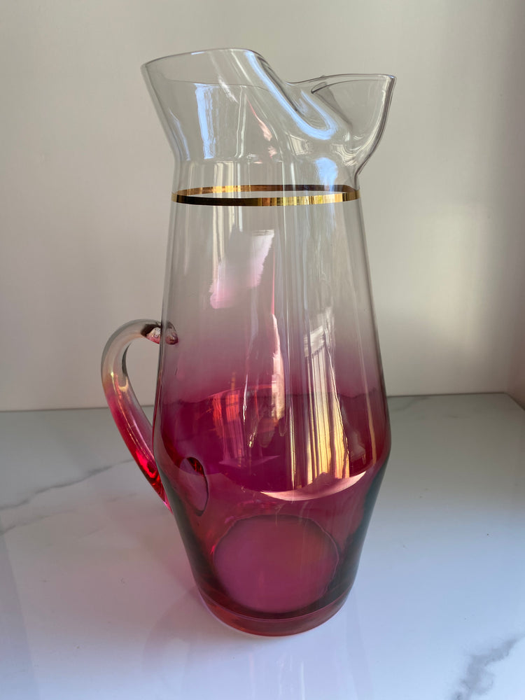 Vintage Tall Glass Cranberry Pitcher with Gold Rim