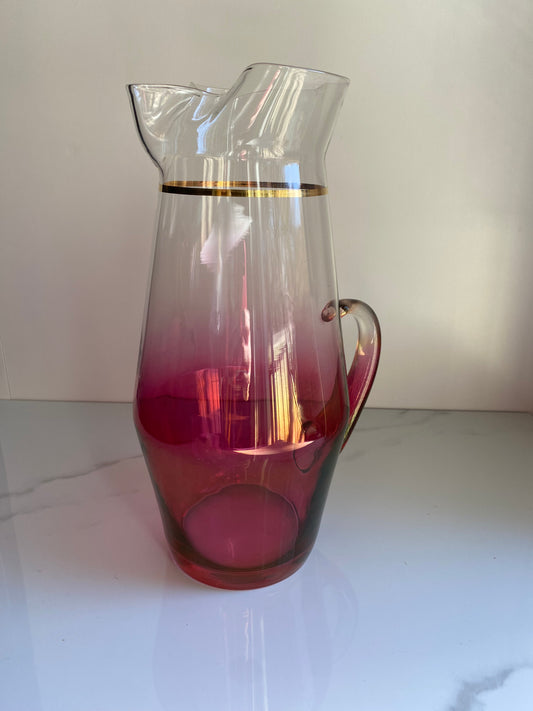 Vintage Tall Glass Cranberry Pitcher with Gold Rim