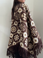 Vintage Brown Knit Reversable Fringe Poncho Size Large