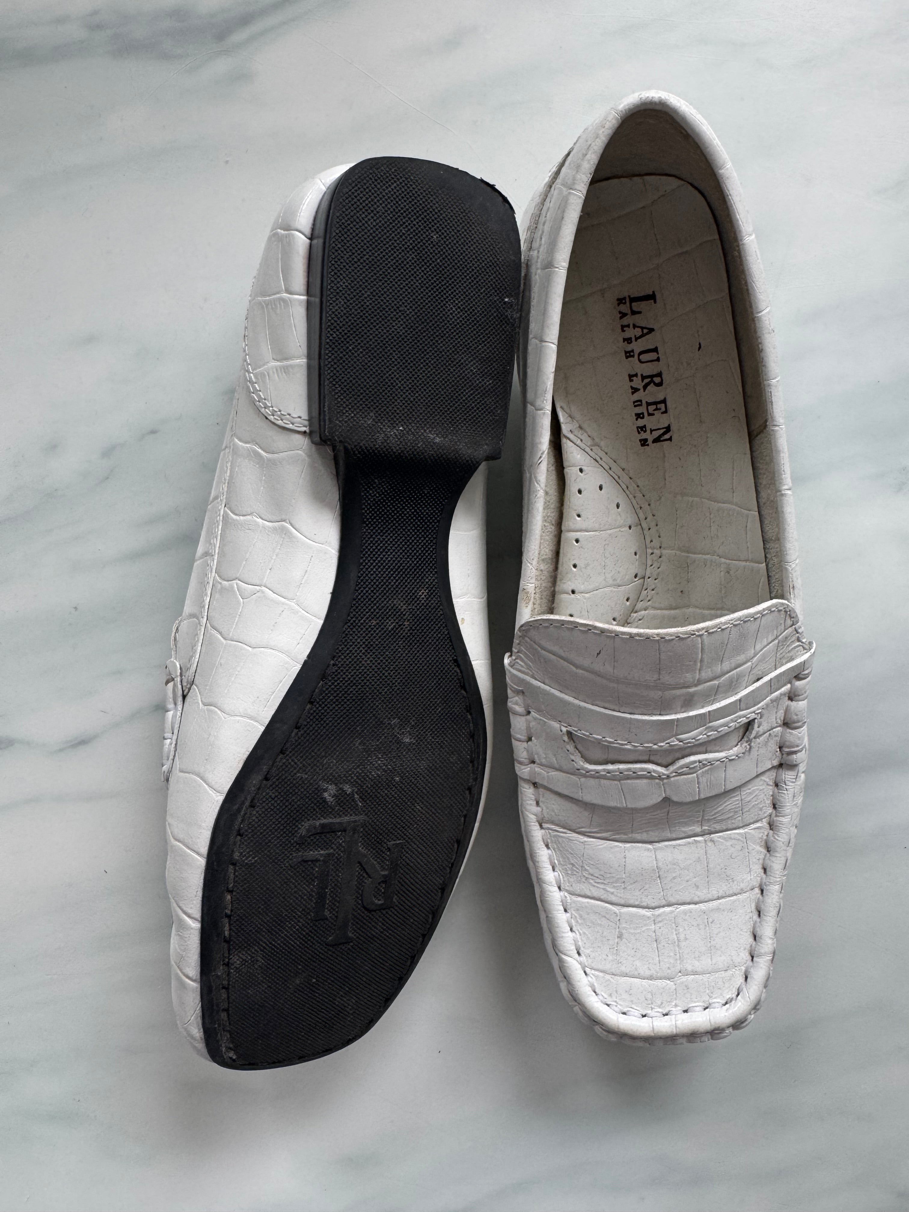 Vintage Ralph Lauren White Croc Embossed Loafers Size 6 1/2