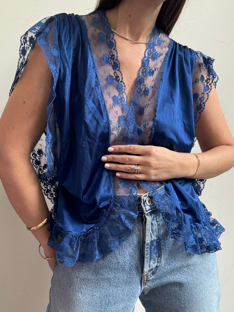 Vintage Royal Blue Sheer & Lace Evening Blouse Size Medium