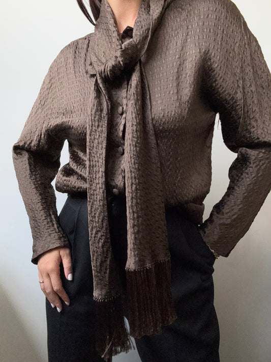 Vintage Oscar de la Renta Brown Textured Button-Up Blouse Size Small