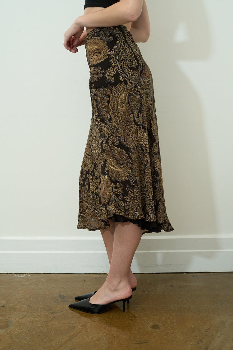 Vintage Brown Patterned Maxi Skirt Size L