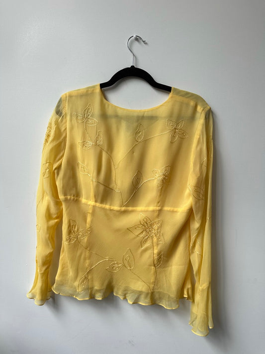 Vintage Yellow Silk Blouse With Floral Motifs Size Medium