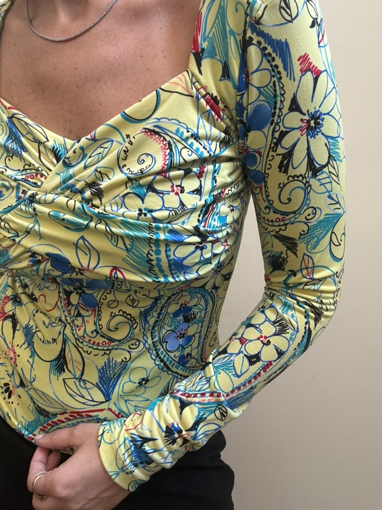 Vintage Yellow Patterned Stretch Top Size Medium