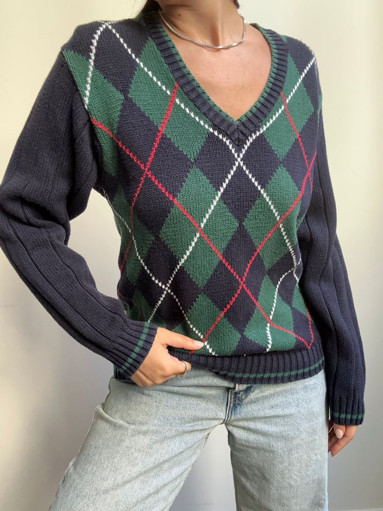 Vintage Navy Argyle Square Sweater Size S