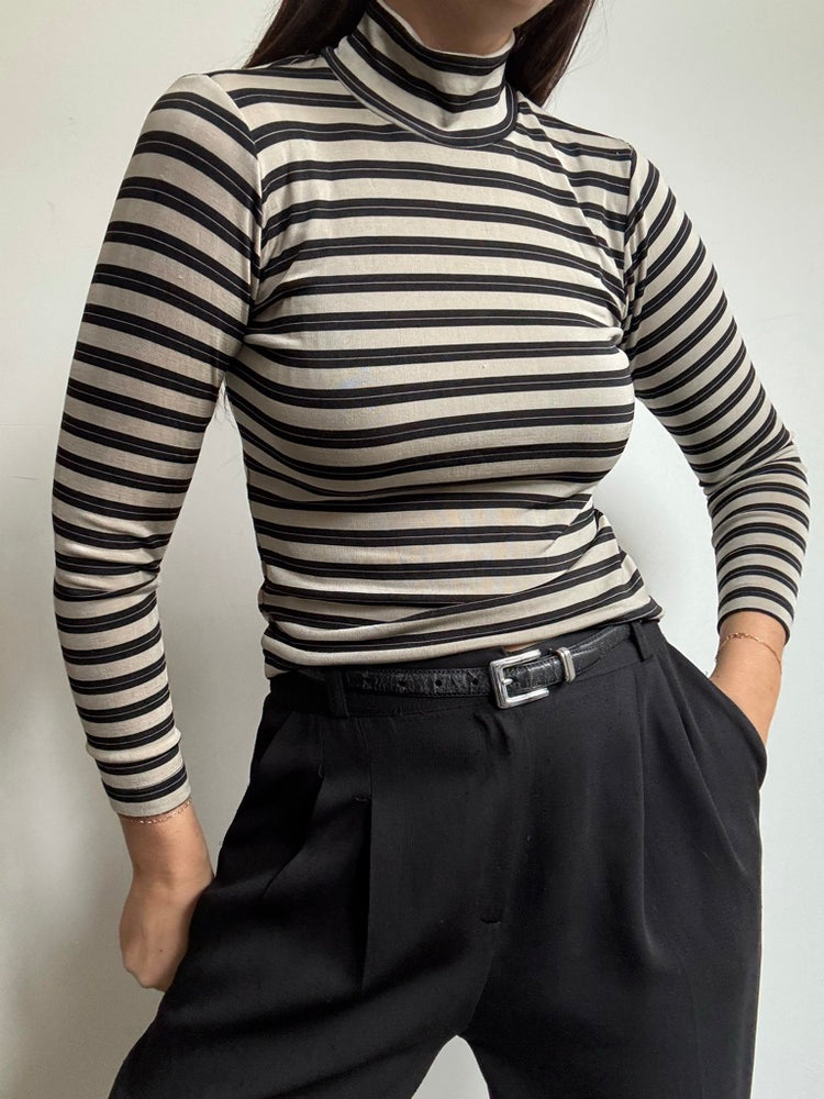 Vintage Black + Cream Striped Turtle Neck Size Medium