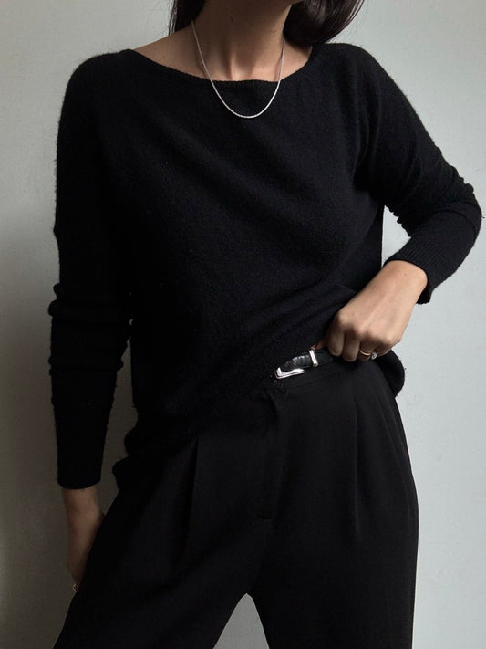 Vintage Classic Black Wool & Cashmere Boatneck Sweater Size Small
