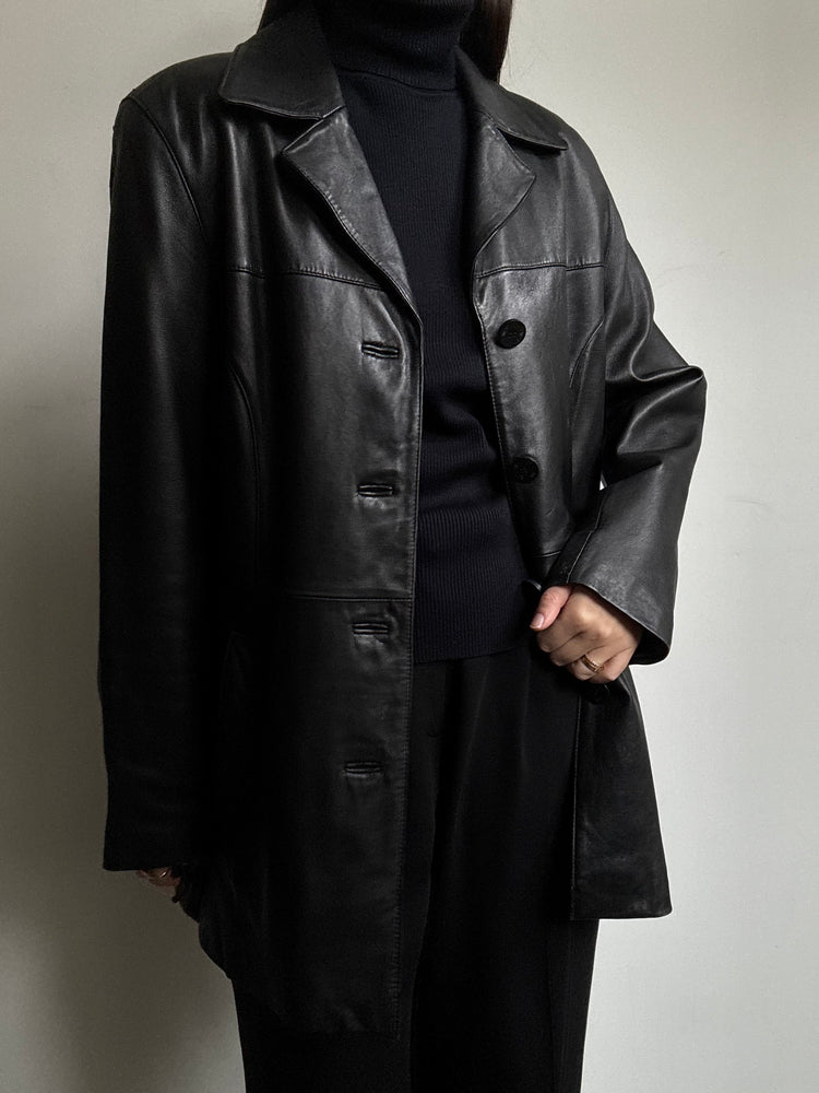 Vintage Black Buttoned Mid-Length Leather Jacket Size M
