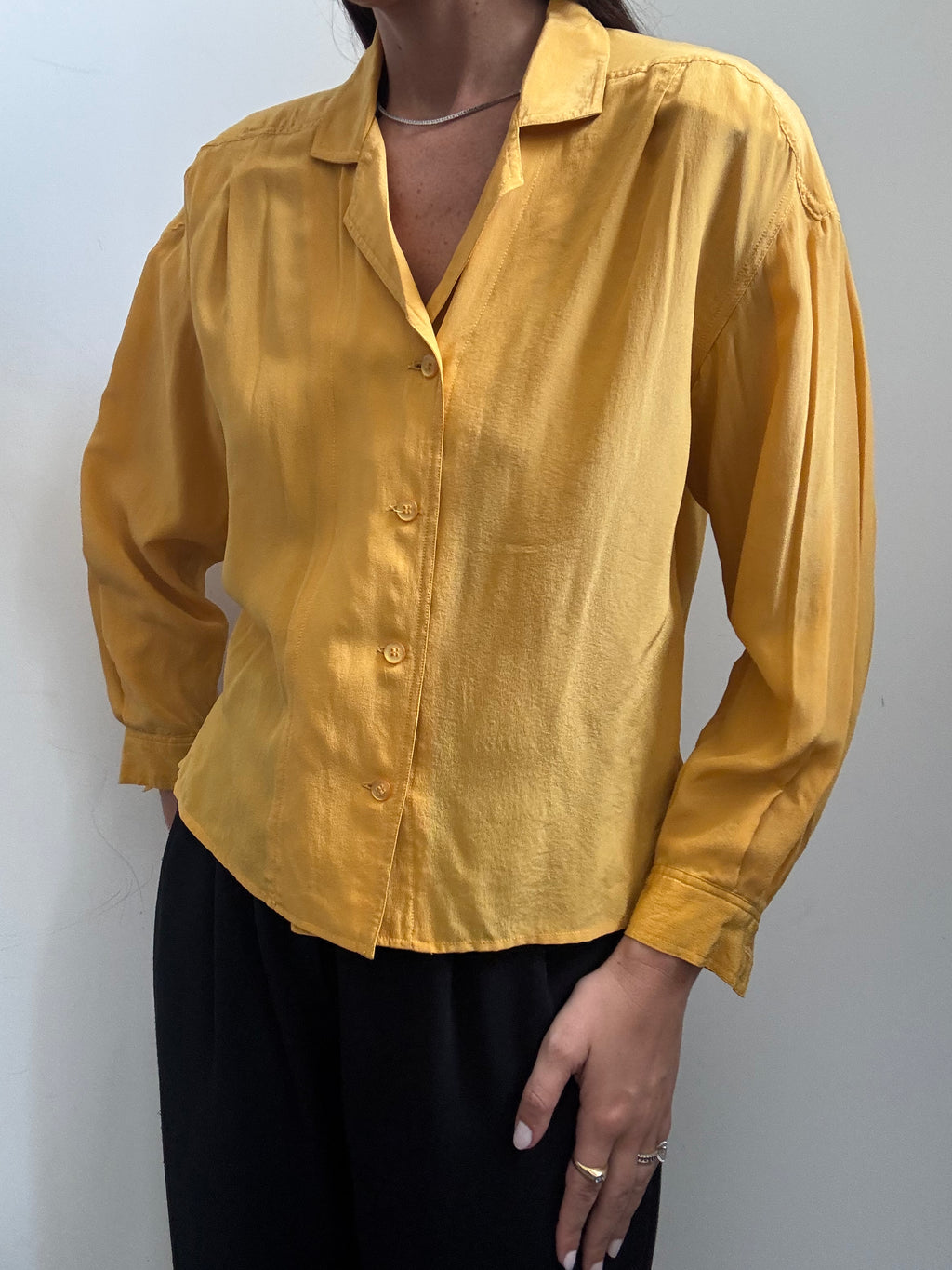 Vintage Mustard Yellow Silky Button Up Blouse Size Small