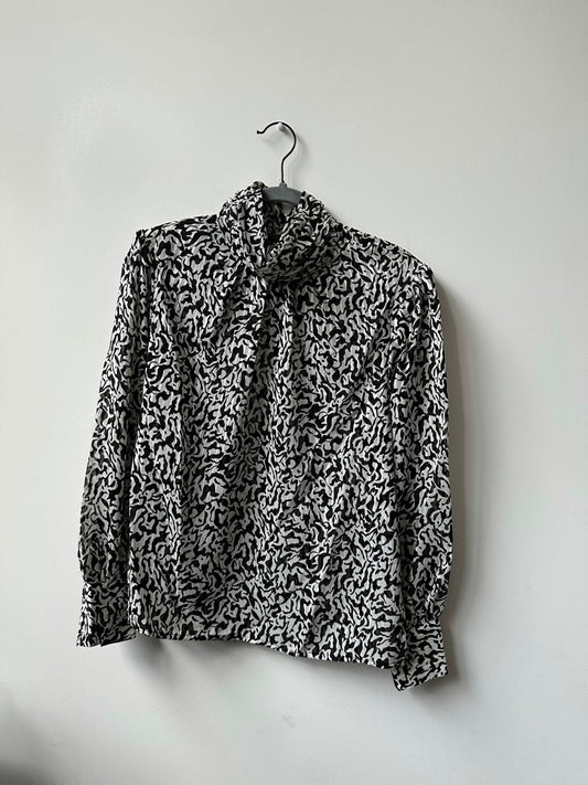 Vintage Black + White Abstract Print Semi-Sheer Blouse Size Small